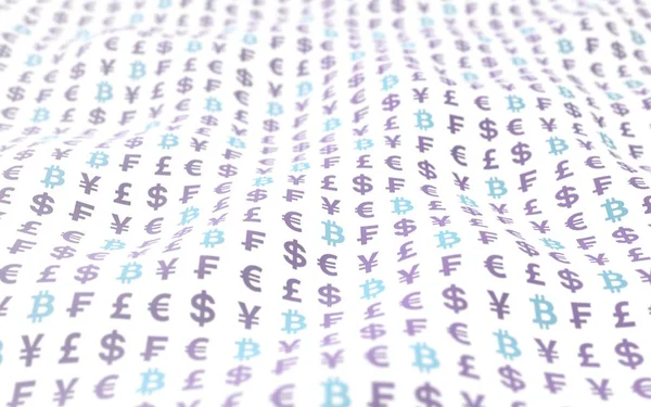 Bitcoin und Währung auf weißem Hintergrund. Symbol für die digitale Kryptowährung. Welleneffekt, Währungsmarktschwankungen. Geschäftskonzept. 3D-Illustration — Stockfoto