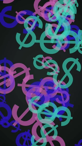 Multicolored translucent dollar signs on dark background. Green tones. 3D illustration — Stock Photo, Image