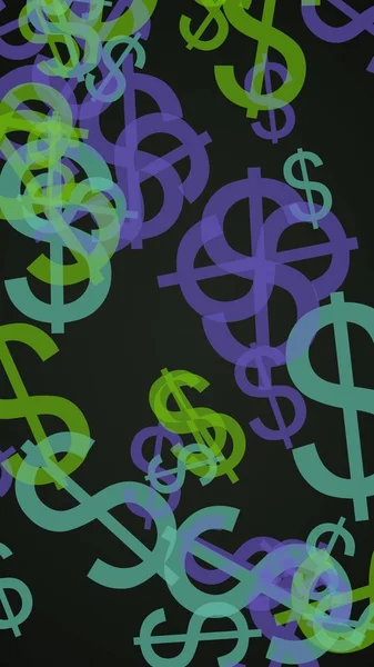 Signos de dólar translúcidos multicolores sobre fondo oscuro. Tonos verdes. Ilustración 3D —  Fotos de Stock