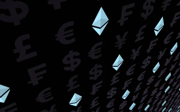 Ethereum crystal and currency on a dark background. Digital crypto currency symbol. Business concept. Market Display. 3D illustration — Stock Photo, Image