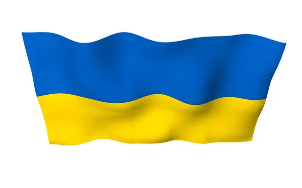 Die Flagge der Ukraine auf weißem Hintergrund. Nationalflagge und Staatsfahne. Blaue und gelbe Zweifarbigkeit. 3D-Illustration schwenkt Flagge — Stockfoto