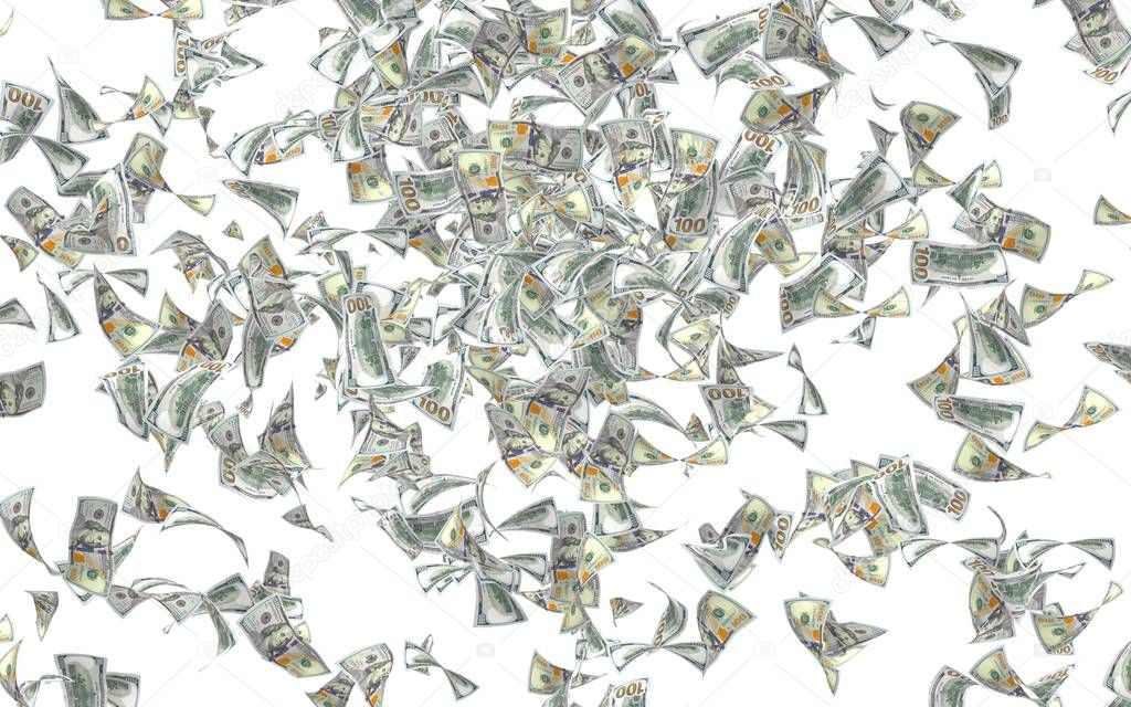 Flying dollars banknotes isolated on white background. Money is flying in the air. 100 US banknotes new sample. 3D illustration
