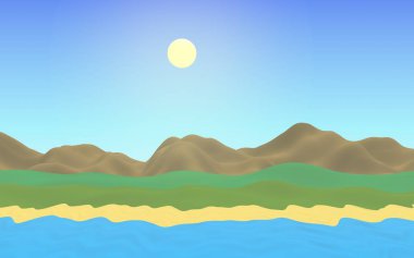 Sun Sea Sahili. Öğlen. Sahilde dalgalar olan okyanus kıyısı hattı. Dalgalı ada plajı cenneti. Tatil, yaz tatili, dinlenme. Deniz manzaralı, deniz manzaralı. Minimalist manzara, ilkellik. 3B illüstrasyon