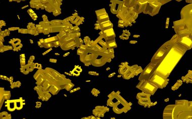 Karanlık bir arka planda dijital para birimi sembolü Bitcoin. Bitcoin düşüşü. Sanal ekranda kripto para birimi grafiği. İş, finans ve teknoloji kavramı. 3B illüstrasyon