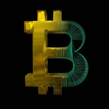 Bitcoin işareti, yeşil şebeke siyah arka planda altına dönüşür. 3B illüstrasyon