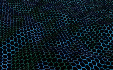 Petek mavi dalga etkisi koyu bir arka plan üzerinde. Çokgen in perspektif görünümü petek gibi görünüyor. Biyometrik geometri. 3d illüstrasyon