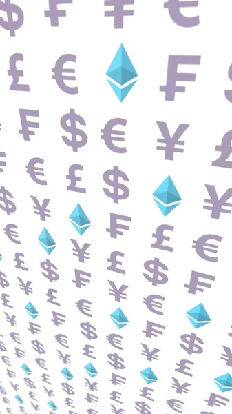 Ethereum Crystal och valuta på en vit bakgrund. Digital krypto symbol. Affärsidé. 3D-illustration — Stockfoto