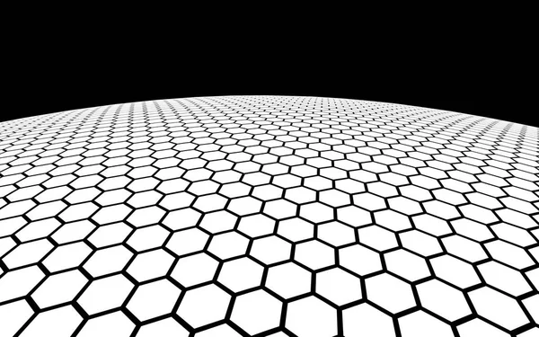 Peine de abeja blanco sobre un fondo oscuro. La perspectiva sobre el polígono parece un panal. Bola, planeta, cubierto con una red, panales, células. Ilustración 3D — Foto de Stock