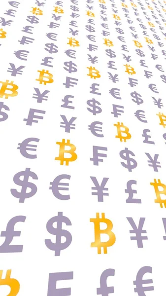 Bitcoin et la monnaie sur un fond blanc. Symbole de crypto-monnaie numérique. Effet de vague, fluctuations du marché des devises. Concept d'entreprise. Illustration 3D — Photo