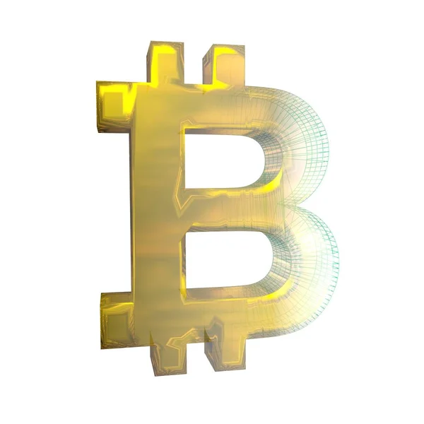 Bitcoin jel, a zöld rács lesz arany fehér alapon. 3D illusztráció — Stock Fotó