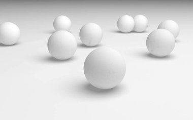 Beyaz soyut arka plan. Beyaz toplar beyaz arka planda izole edilmiş. 3B illüstrasyon