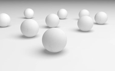 Beyaz soyut arka plan. Beyaz toplar beyaz arka planda izole edilmiş. 3B illüstrasyon