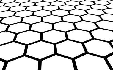 Beyaz arka planda siyah bal peteği. Çokgenin perspektif görüntüsü bal peteğine benziyor. İzometrik geometri. 3B illüstrasyon