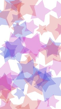 Beyaz arkaplanda çok renkli yarı saydam yıldızlar. Dikey görüntü yönlendirmesi. 3B illüstrasyon