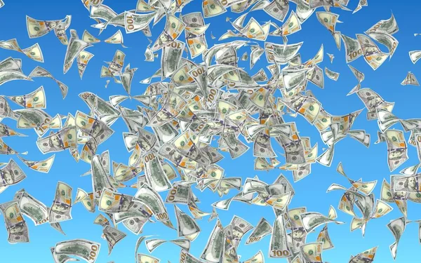 Latające banknoty dolara izolowane na niebieskim tle. Pieniądze lecą w powietrzu. 100 USA banknoty nowej próbki. ilustracja 3D — Zdjęcie stockowe