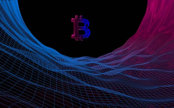 Signatura de moneda digital Bitcoin sobre fondo oscuro abstracto. Crecimiento del mercado de divisas criptográficas. Concepto de negocio, finanzas y tecnología. Ilustración 3D — Foto de Stock