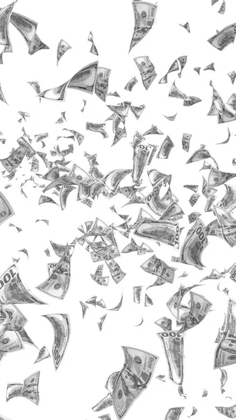 Létající dolarů bankovky izolované na bílém pozadí. Peníze se vznáší ve vzduchu. 100 amerických bankovek nový vzorek. Černá a bílá stylu. 3D obrázek — Stock fotografie