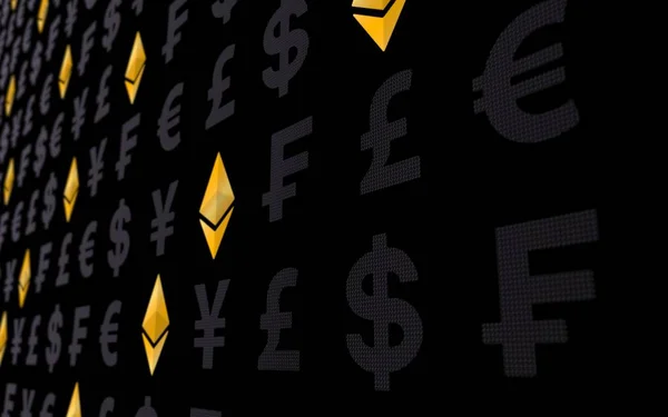 Ethereum klasik ve para karanlık bir arka plan üzerinde. Dijital kripto para birimi sembolü. İş konsepti. Piyasa Ekranı. 3d illüstrasyon