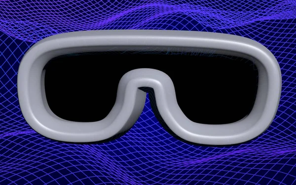 Ilustración de máscara de realidad virtual sobre fondo abstracto de rejilla azul. Concepto tecnológico de gafas VR. Ilustración 3D —  Fotos de Stock