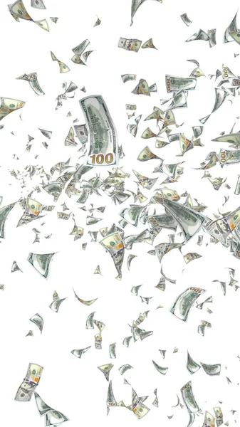 Fehér alapon izolált repülő dollárbankjegyek. A pénz a levegőben repül. 100 amerikai bankjegy új minta. 3D illusztráció — Stock Fotó