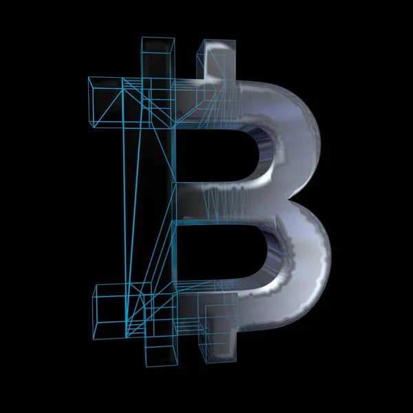 Signo de Bitcoin, platino o plata se convierte en una rejilla azul sobre un fondo negro. Ilustración 3D — Foto de Stock