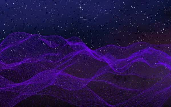 Paisaje ultravioleta abstracto sobre un fondo oscuro. Red ciberespacial púrpura. red de alta tecnología. Espacio exterior. Textura violeta estrellada del espacio exterior. Ilustración 3D —  Fotos de Stock