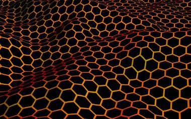 Petek dalga etkisi kırmızı sarı arka plan üzerinde. Çokgen in perspektif görünümü petek gibi görünüyor. Biyometrik geometri. 3d illüstrasyon