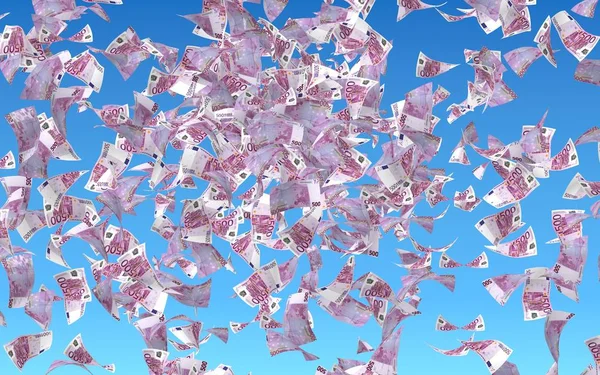 На тлі неба літають банкноти євро. Гроші летять у повітрі. 500 EURO - колір. 3D ілюстрація — стокове фото