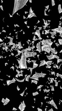 Dolar banknotlar uçan koyu arka plan üzerinde izole. Para havada uçuyor. 100 ABD banknotlar yeni örnek. Siyah ve beyaz tarzı. 3D çizim