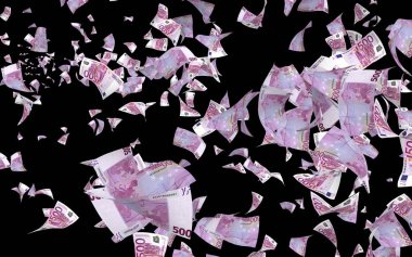 Uçan euro banknotlar karanlık bir arka plan üzerinde izole. Havada para uçuşuyor. 500 Euro renkli. 3d illüstrasyon
