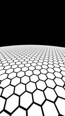 Koyu arka plandaki beyaz petek. Çokgen in perspektif görünümü petek gibi görünüyor. Top, gezegen, ağ, petekler, hücrelerle kaplı. 3d illüstrasyon