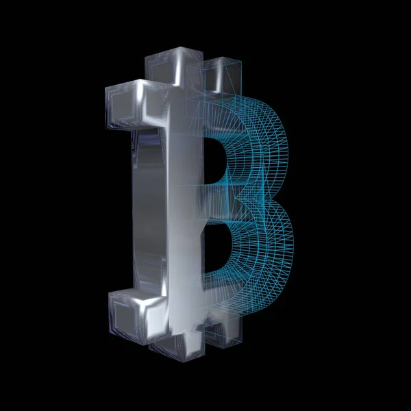Signo de Bitcoin, platino o plata se convierte en una rejilla azul sobre un fondo negro. Ilustración 3D — Foto de Stock