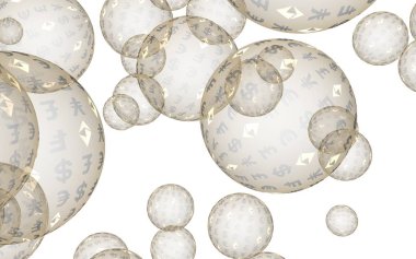 Ethereum ekonomik mali balonu. kripto para birimi 3d illüstrasyon. İş konsepti. Beyaz arka planda altın kabarcıklar