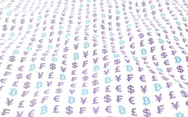 Beyaz arka planda Bitcoin ve para birimi. Dijital kripto para birimi sembolü. Dalga etkisi, döviz piyasası dalgalanmaları. İş konsepti. 3B illüstrasyon