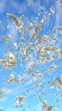 Gökyüzü nün arka planına karşı uçan dolar banknotları. Havada para uçuşuyor. 100 Abd banknotlar yeni örnek. 3d illüstrasyon