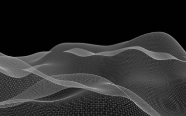 Siyah arka plan üzerinde soyut gri manzara. Siber uzay şebekesi. merhaba teknoloji ağı. 3d teknoloji illüstrasyon. Alan derinliği. 3d illüstrasyon