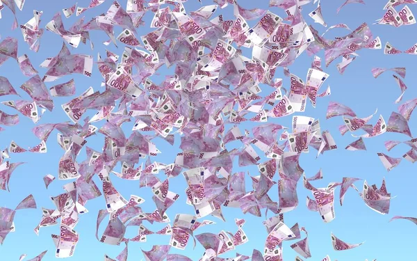 Flying euro banknotes against the sky background. Money is flying in the air. 500 EURO in color. 3D illustration — Stock Photo, Image