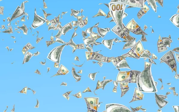Banconote da dollari volanti isolate su fondo blu. I soldi volano in aria. 100 banconote USA nuovo campione. Illustrazione 3D — Foto Stock