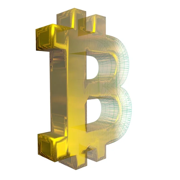 Signo de Bitcoin, la cuadrícula verde se convierte en oro sobre fondo blanco. Ilustración 3D —  Fotos de Stock
