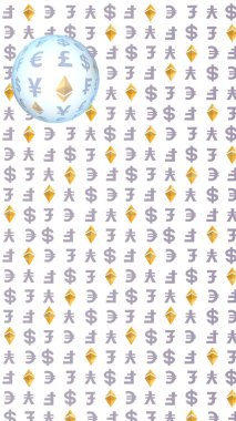 Beyaz arka planda klasik ve para birimi. Dijital şifreleme sembolü. Para dalgası etkisi, piyasa dalgalanmaları. İş konsepti. 3B illüstrasyon