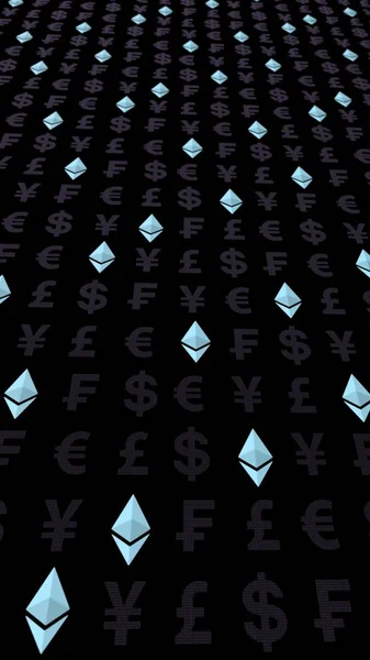 Ethereum Crystal och valuta på en mörk bakgrund. Symbol för digital krypto valuta. Affärsidé. Marknads visning. 3D-illustration — Stockfoto