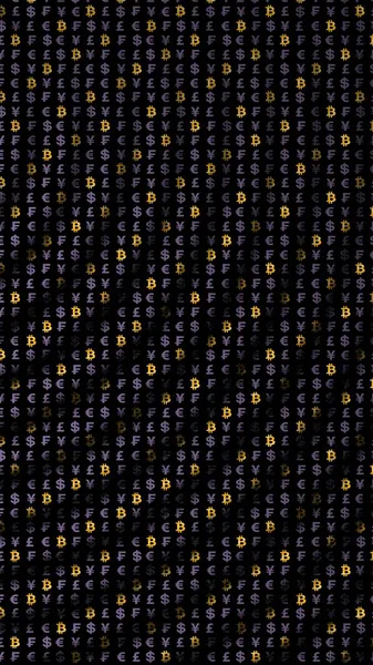 Bitcoin και νόμισμα σε σκοτεινό φόντο. Ψηφιακό σύμβολο κρυπτονομισμάτων. Κυματική επίδραση, διακυμάνσεις της αγοράς συναλλάγματος. Επιχειρηματική ιδέα. 3D απεικόνιση — Φωτογραφία Αρχείου