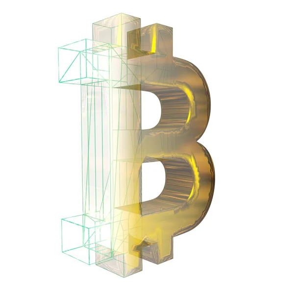 比特币标志，绿色的网格变成了白色背景的黄金。3D插图 — 图库照片