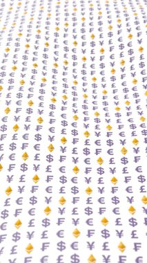 Beyaz arka planda klasik ve para birimi. Dijital şifreleme sembolü. Para dalgası etkisi, piyasa dalgalanmaları. İş konsepti. 3B illüstrasyon