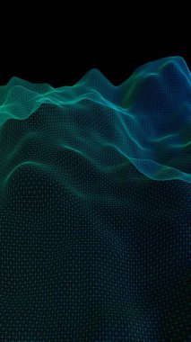 Siyah bir arka plan üzerinde soyut yeşil manzara. Siber uzay şebekesi. merhaba teknoloji ağı. Alan derinliği. 3d illüstrasyon