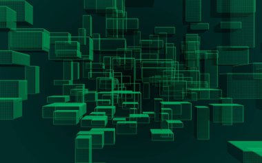 Yeşil ve koyu arka dijital ve teknoloji plan. Dikdörtgenler tekrarlayan olan desen. 3D çizim