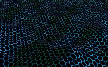 Petek mavi dalga etkisi koyu bir arka plan üzerinde. Çokgen in perspektif görünümü petek gibi görünüyor. Biyometrik geometri. 3d illüstrasyon