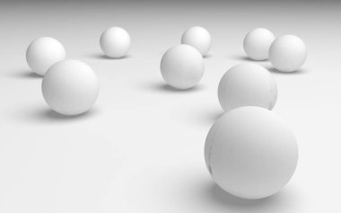 Beyaz soyut arka plan. Beyaz toplar beyaz arka planda izole edilmiş. 3B illüstrasyon