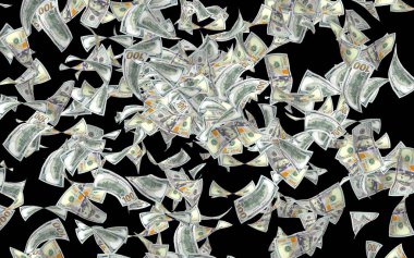 Dolar banknotlar uçan koyu arka plan üzerinde izole. Para havada uçuyor. 100 ABD banknotlar yeni örnek. 3D çizim