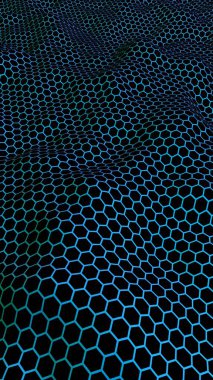 Petek dalga etkisi mavi yeşil arka plan üzerinde. Çokgen in perspektif görünümü petek gibi görünüyor. Biyometrik geometri. Dikey görüntü yönlendirmesi. 3d illüstrasyon